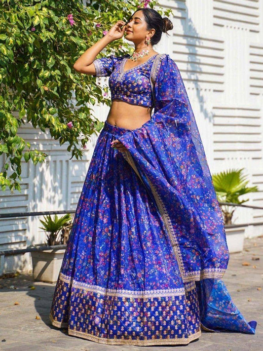 Tulsi Art Attractive Royal Blue Floral Printed Organza Reception Lehenga Choli