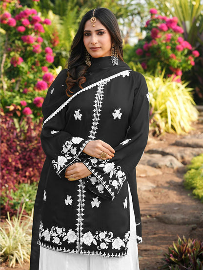 Nikhaar Black Embroidered Modal Silk Stitched Straight Cut Kurta Kalidar Palazzo Dupatta Readymade Suit