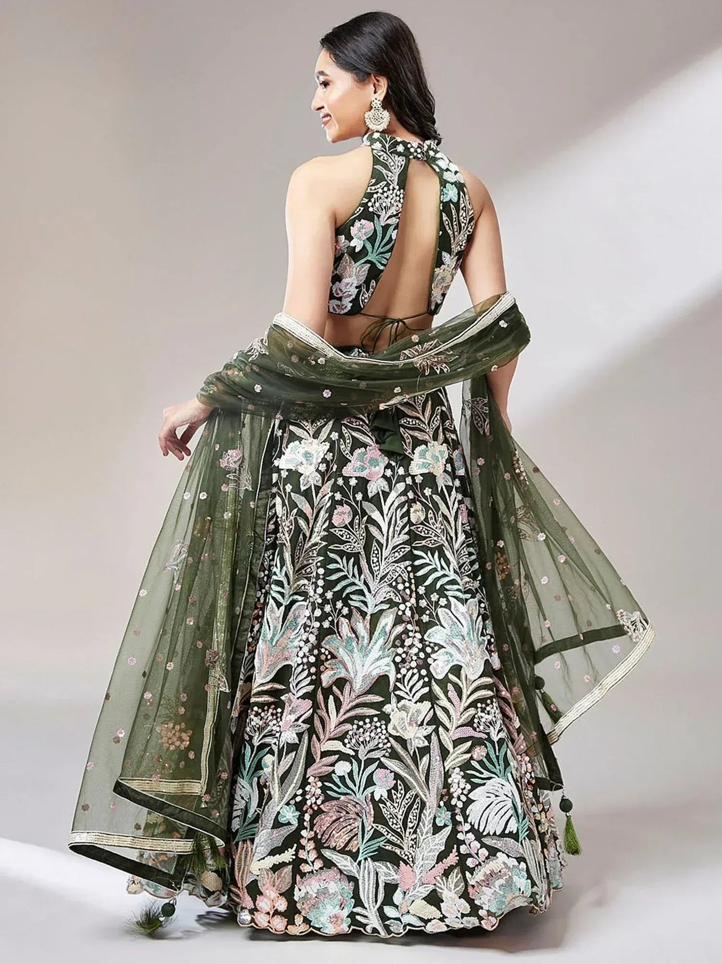 Tulsi Art Awesome Olive Green Sequins Art Soft Net Mehendi Wear Lehenga Choli