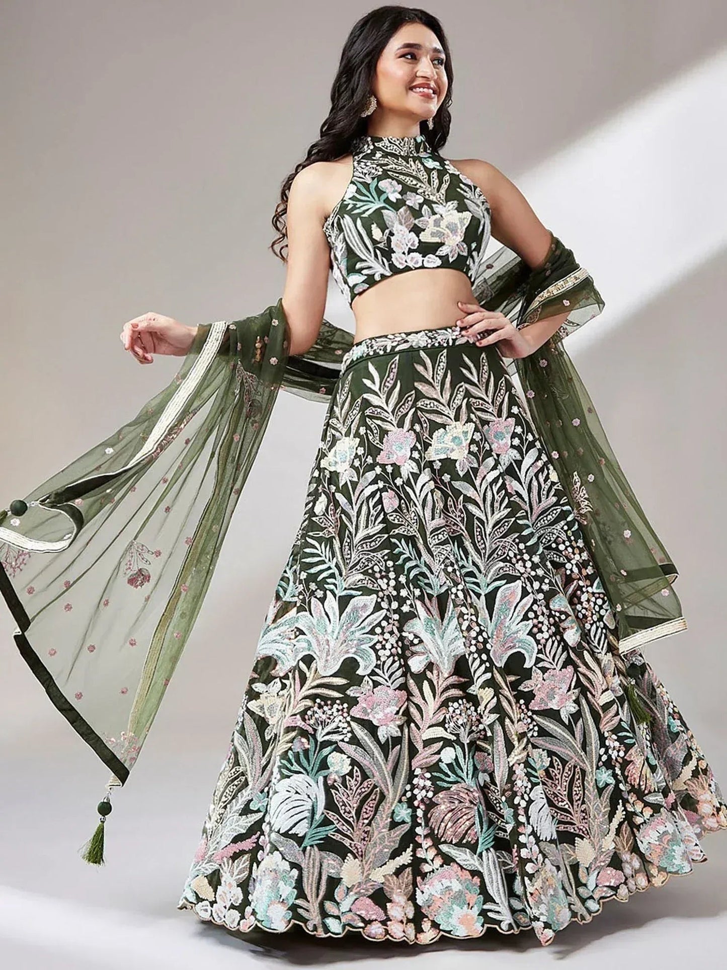Tulsi Art Awesome Olive Green Sequins Art Soft Net Mehendi Wear Lehenga Choli