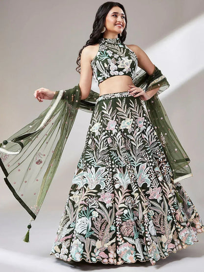 Tulsi Art Awesome Olive Green Sequins Art Soft Net Mehendi Wear Lehenga Choli