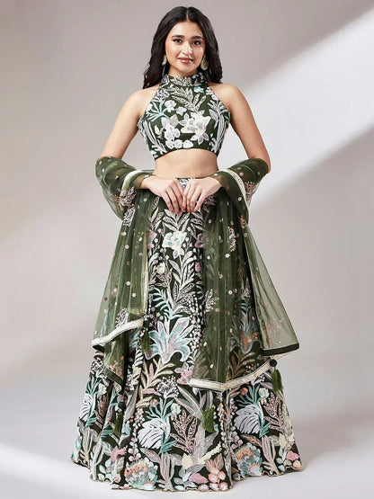 Tulsi Art Awesome Olive Green Sequins Art Soft Net Mehendi Wear Lehenga Choli