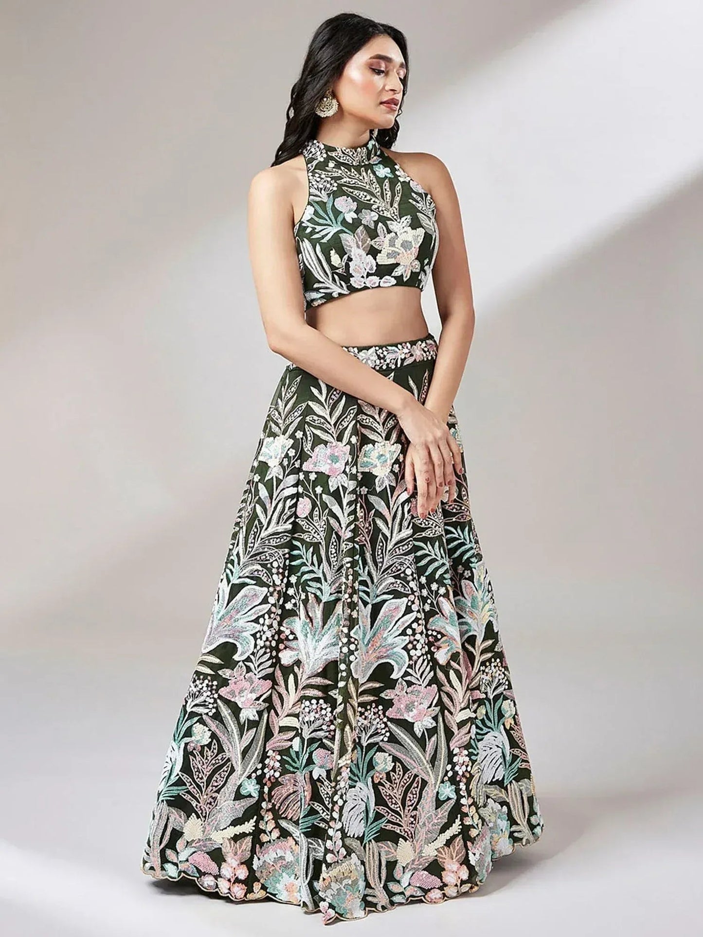 Tulsi Art Awesome Olive Green Sequins Art Soft Net Mehendi Wear Lehenga Choli
