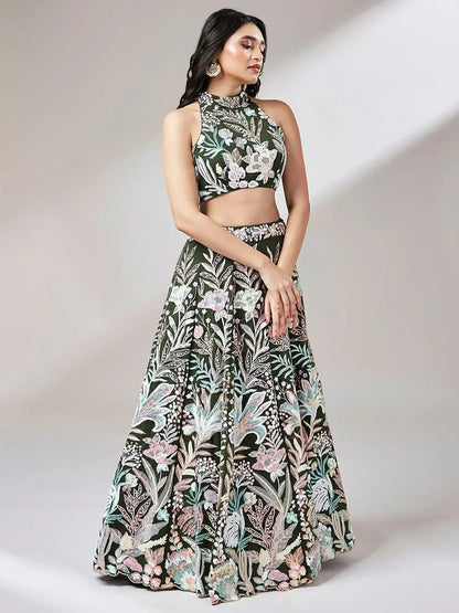 Tulsi Art Awesome Olive Green Sequins Art Soft Net Mehendi Wear Lehenga Choli