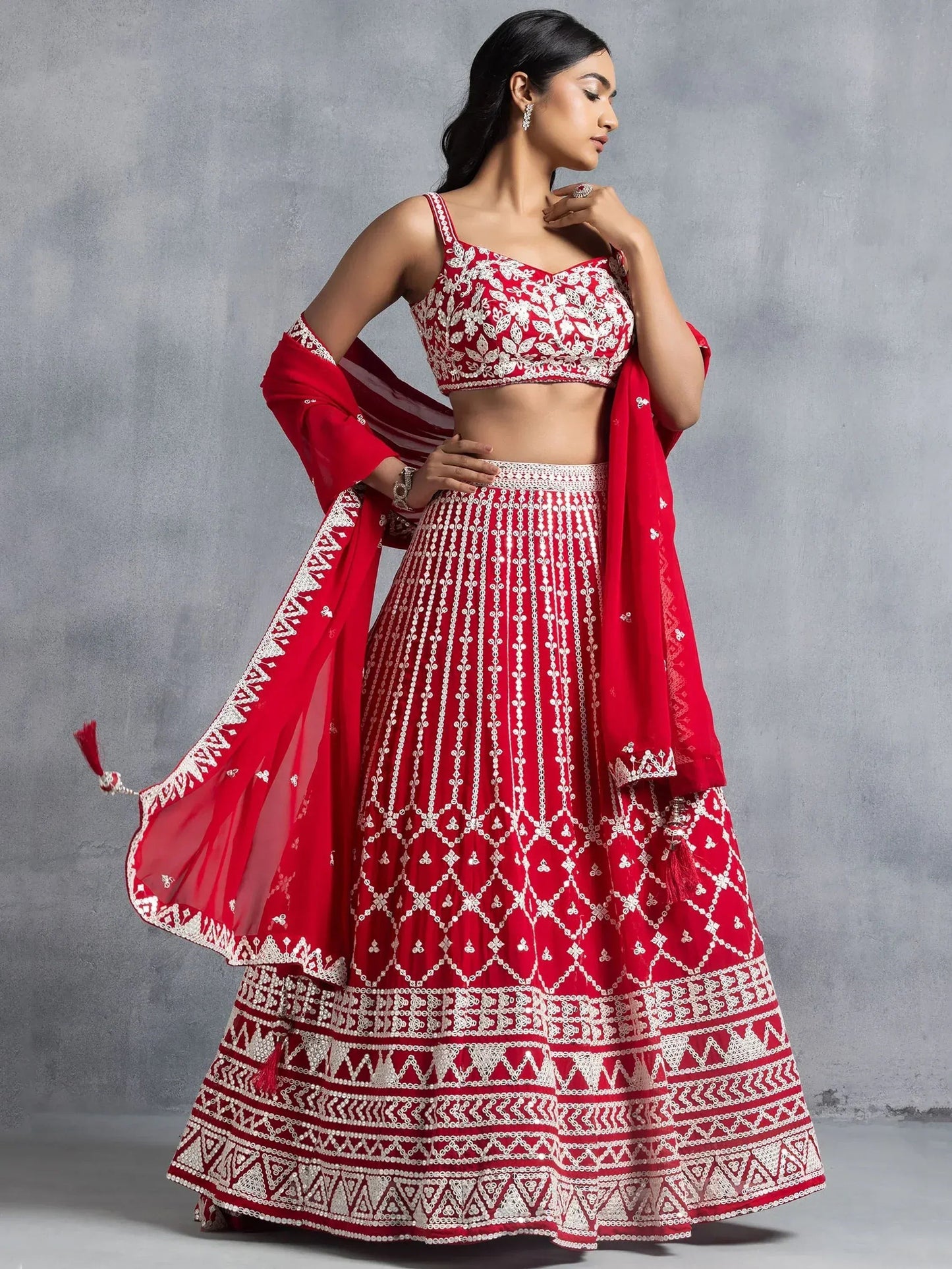 Tulsi Art Awesome Red Thread Embroidered Georgette Wedding Lehenga Choli