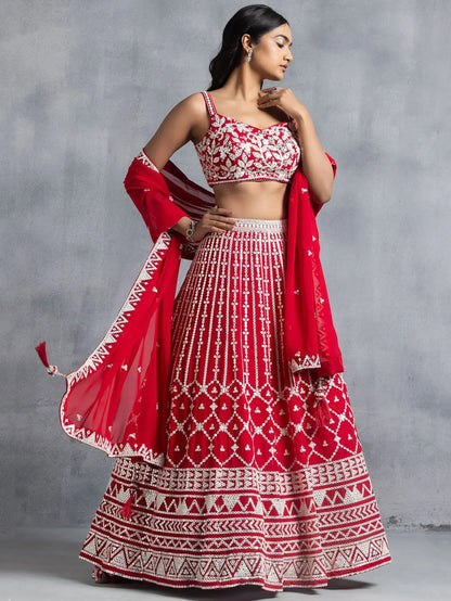 Tulsi Art Awesome Red Thread Embroidered Georgette Wedding Lehenga Choli