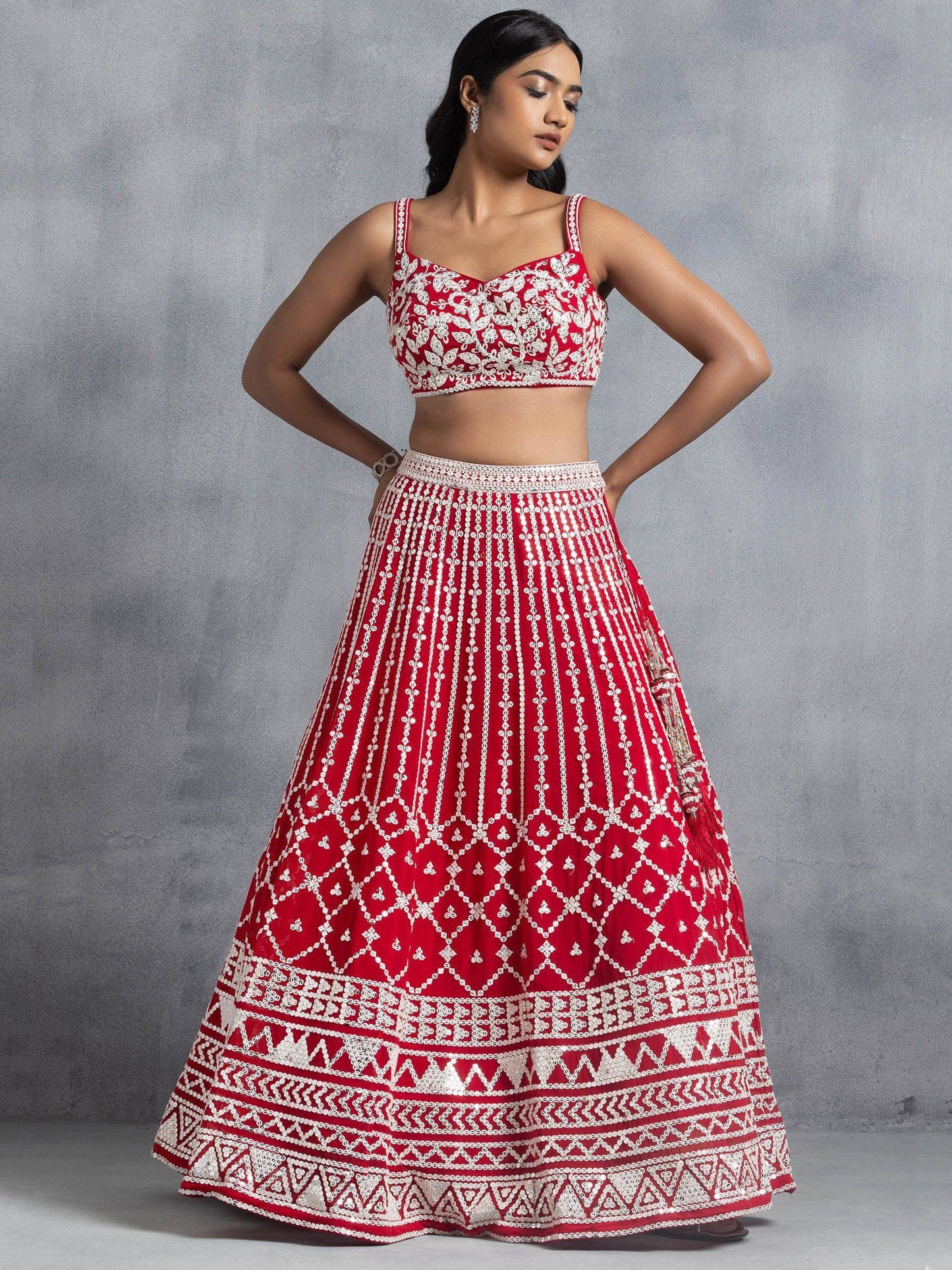 Tulsi Art Awesome Red Thread Embroidered Georgette Wedding Lehenga Choli