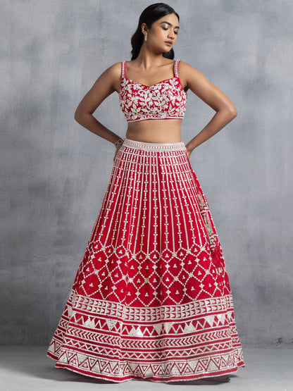 Tulsi Art Awesome Red Thread Embroidered Georgette Wedding Lehenga Choli