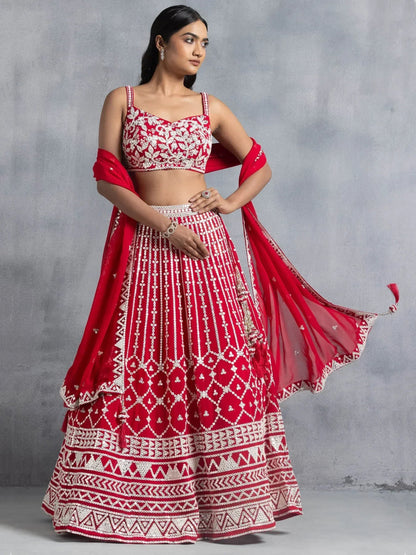 Tulsi Art Awesome Red Thread Embroidered Georgette Wedding Lehenga Choli