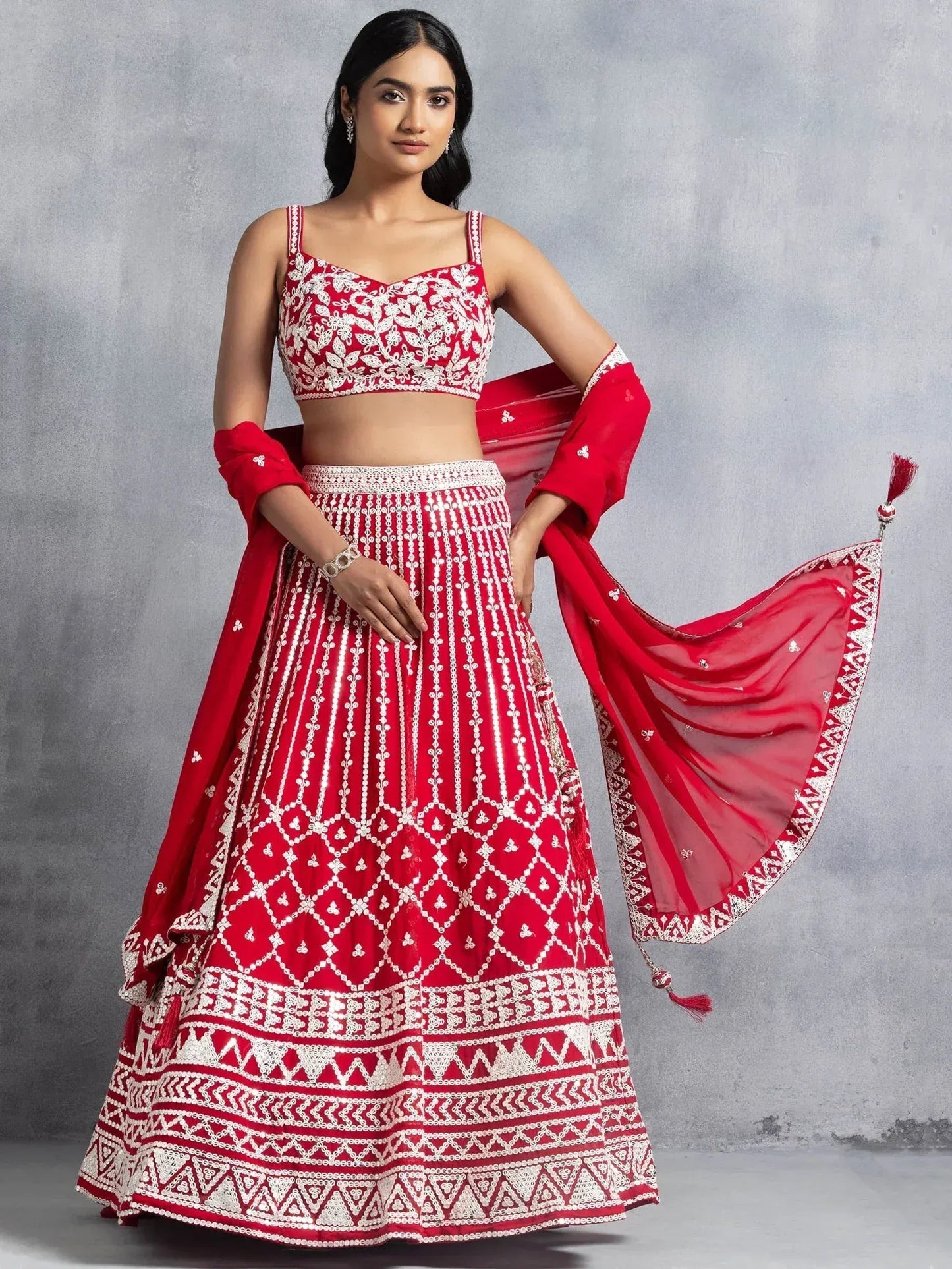 Tulsi Art Awesome Red Thread Embroidered Georgette Wedding Lehenga Choli