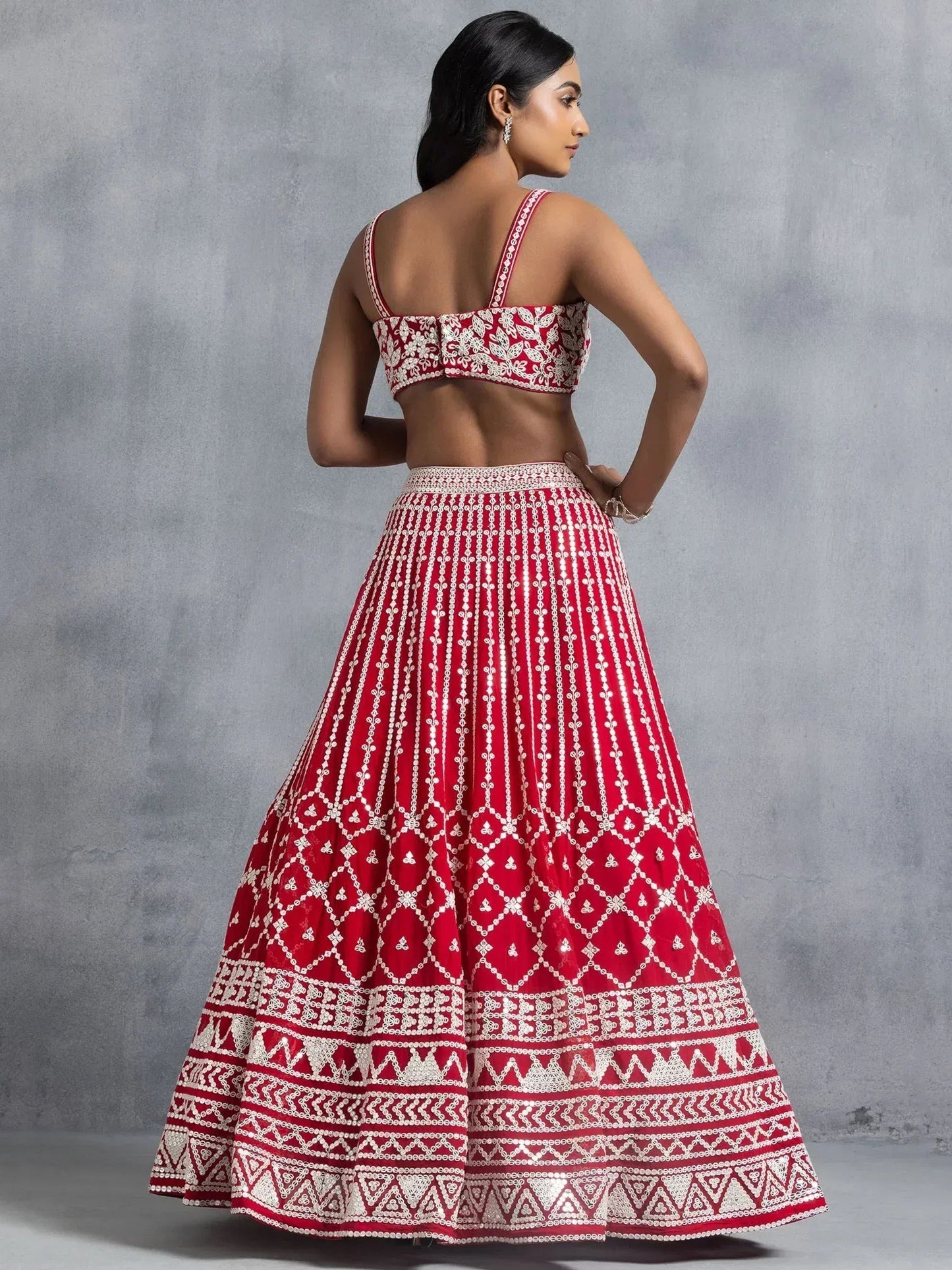 Tulsi Art Awesome Red Thread Embroidered Georgette Wedding Lehenga Choli