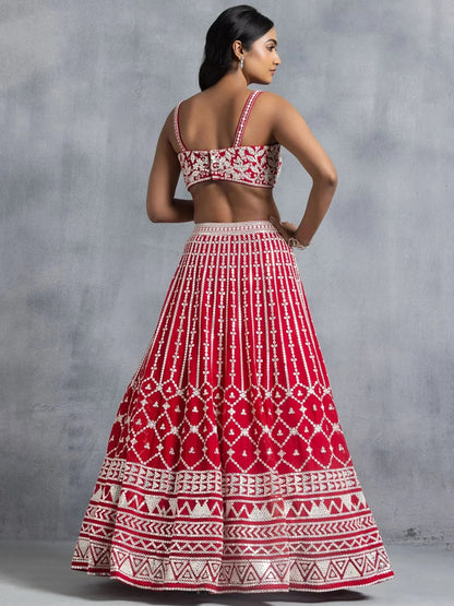 Tulsi Art Awesome Red Thread Embroidered Georgette Wedding Lehenga Choli