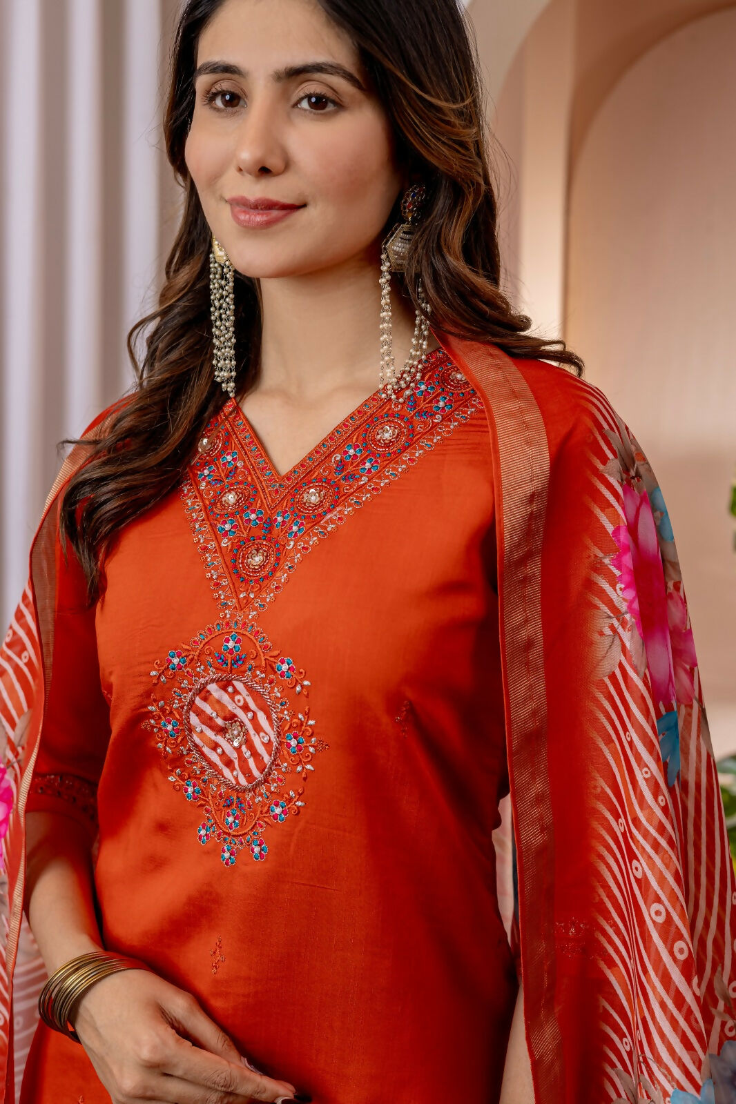 Teeya Creation Womens Orange Embroidered Kurta Pant Set