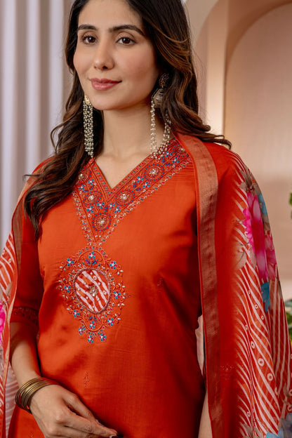 Teeya Creation Womens Orange Embroidered Kurta Pant Set