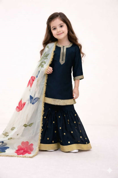 Teeya Creation New Kids Trendy Heavy Embroidery Sequence Work Kurta Sharara Set-Black