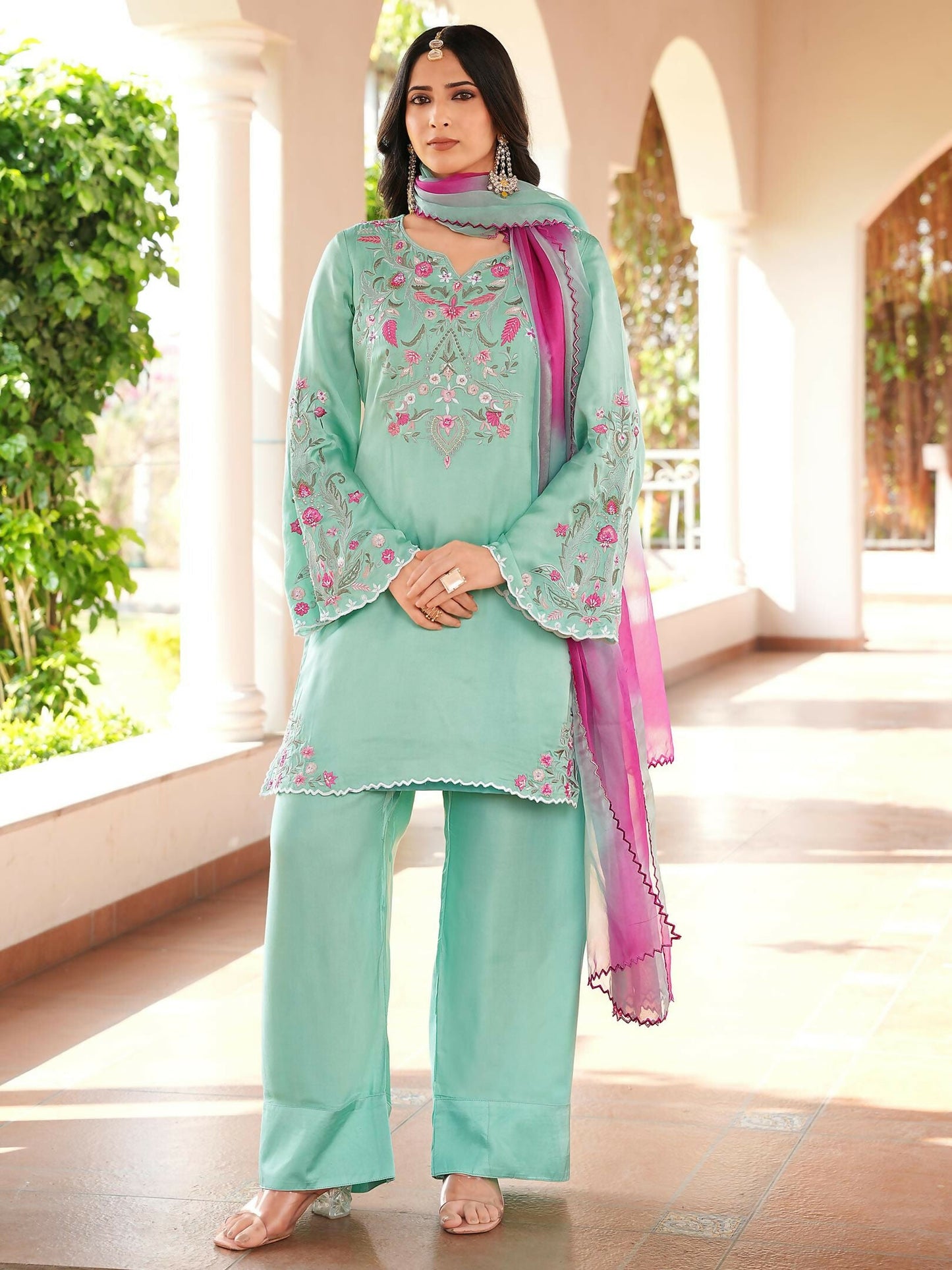 Nikhaar Light Green Embroidered Modal Silk Stitched Straight Cut Kurta Farshi Salwar Dupatta Readymade Suit