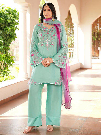 Nikhaar Light Green Embroidered Modal Silk Stitched Straight Cut Kurta Farshi Salwar Dupatta Readymade Suit