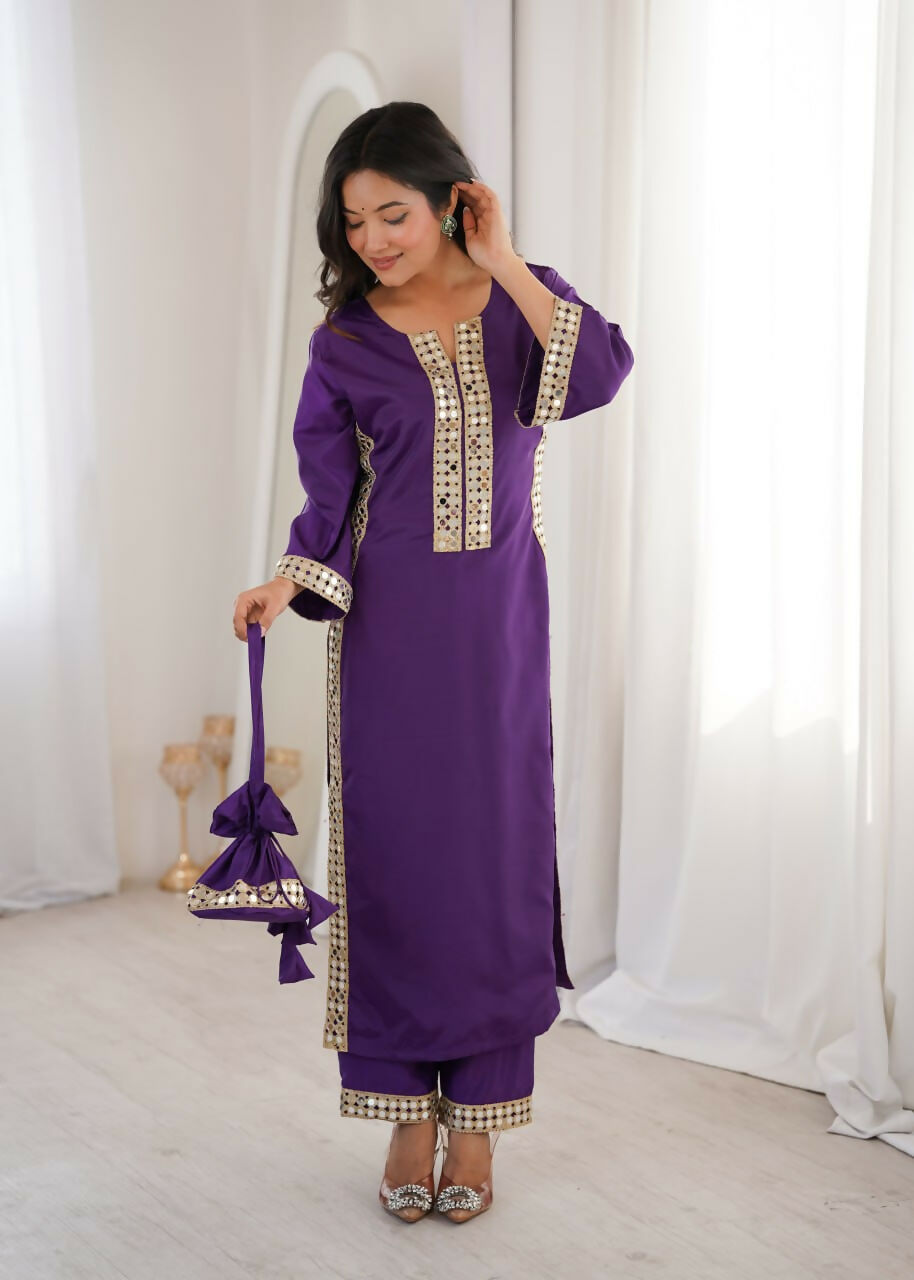 Teeya Creation Womens New Trending Purple Color Natural Crepe With Real Mirror Lace Work Kurta Set