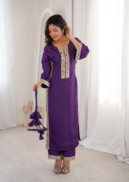 Teeya Creation Womens New Trending Purple Color Natural Crepe With Real Mirror Lace Work Kurta Set