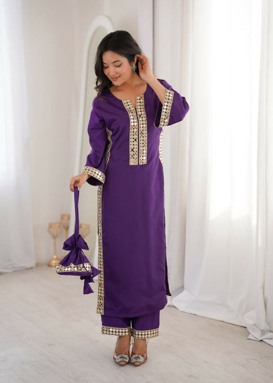 Teeya Creation Womens New Trending Purple Color Natural Crepe With Real Mirror Lace Work Kurta Set