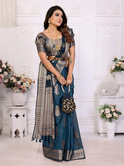 Aastha Fashion Teal Blue Soft Organza Silk Weaving Saree