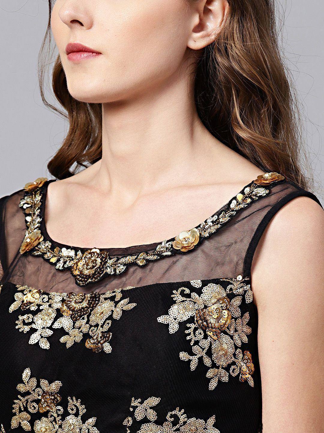 Tulsi Art Black Floral Golden Sequins Work Net Fabric Party Wear Lehenga Choli
