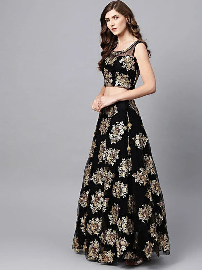 Tulsi Art Black Floral Golden Sequins Work Net Fabric Party Wear Lehenga Choli