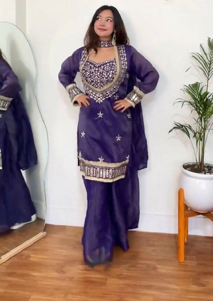 Teeya Creation New Trendy Stylish Real Mirror Work With Lace Border Purple Kurta Set