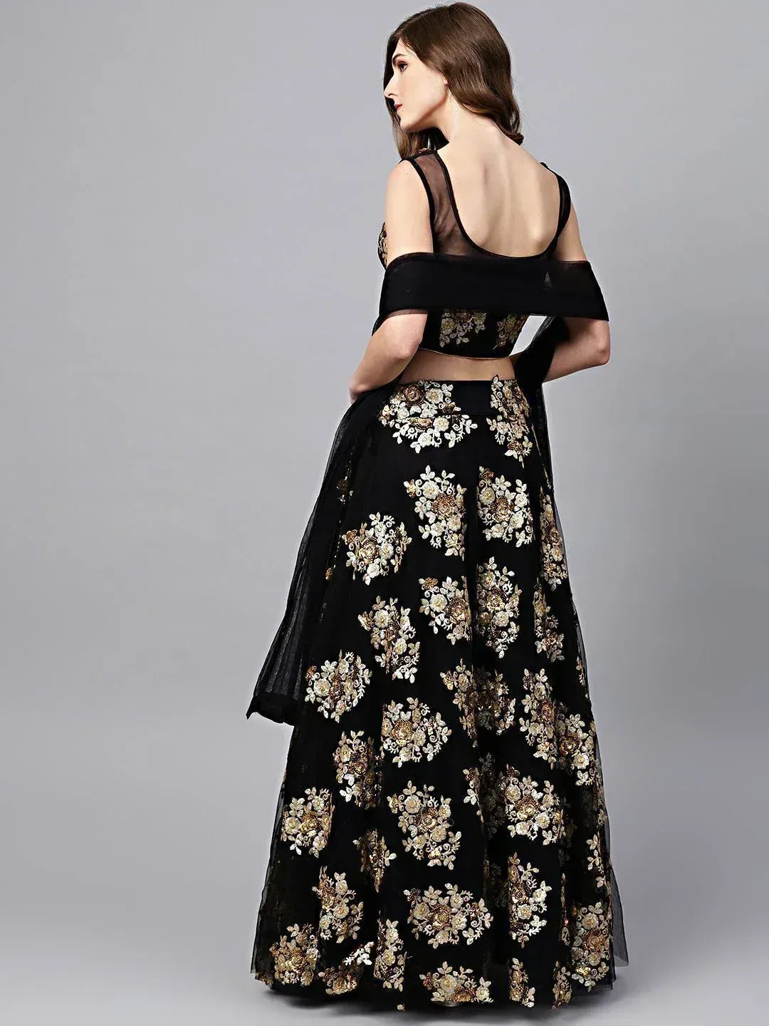 Tulsi Art Black Floral Golden Sequins Work Net Fabric Party Wear Lehenga Choli