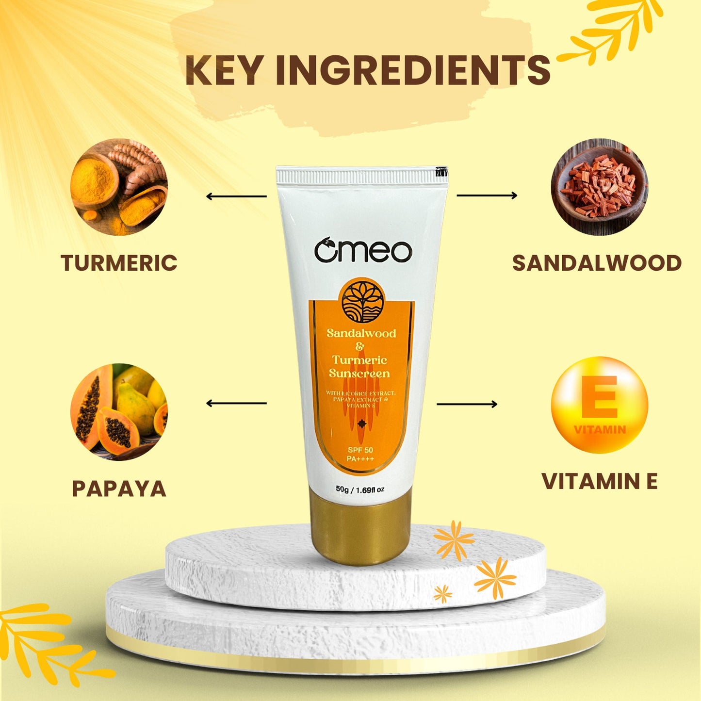 Omeo Sunscreen With Sandalwood, Turmeric, Papaya & Licorice Extract