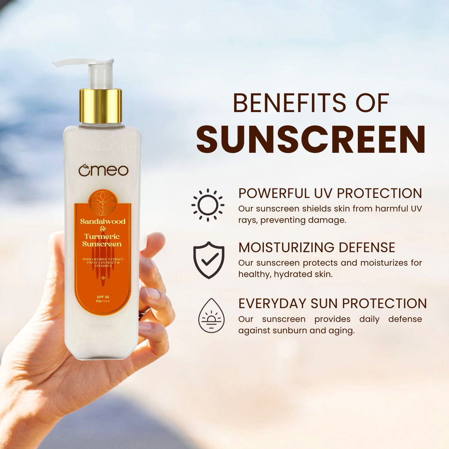 Omeo Sunscreen With Sandalwood, Turmeric, Papaya & Licorice Extract