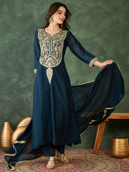 The52 Women's Beautiful Embroidery Work Vichitra Silk Fabric Flared Kurta Pant and Dupatta Set-Petrol