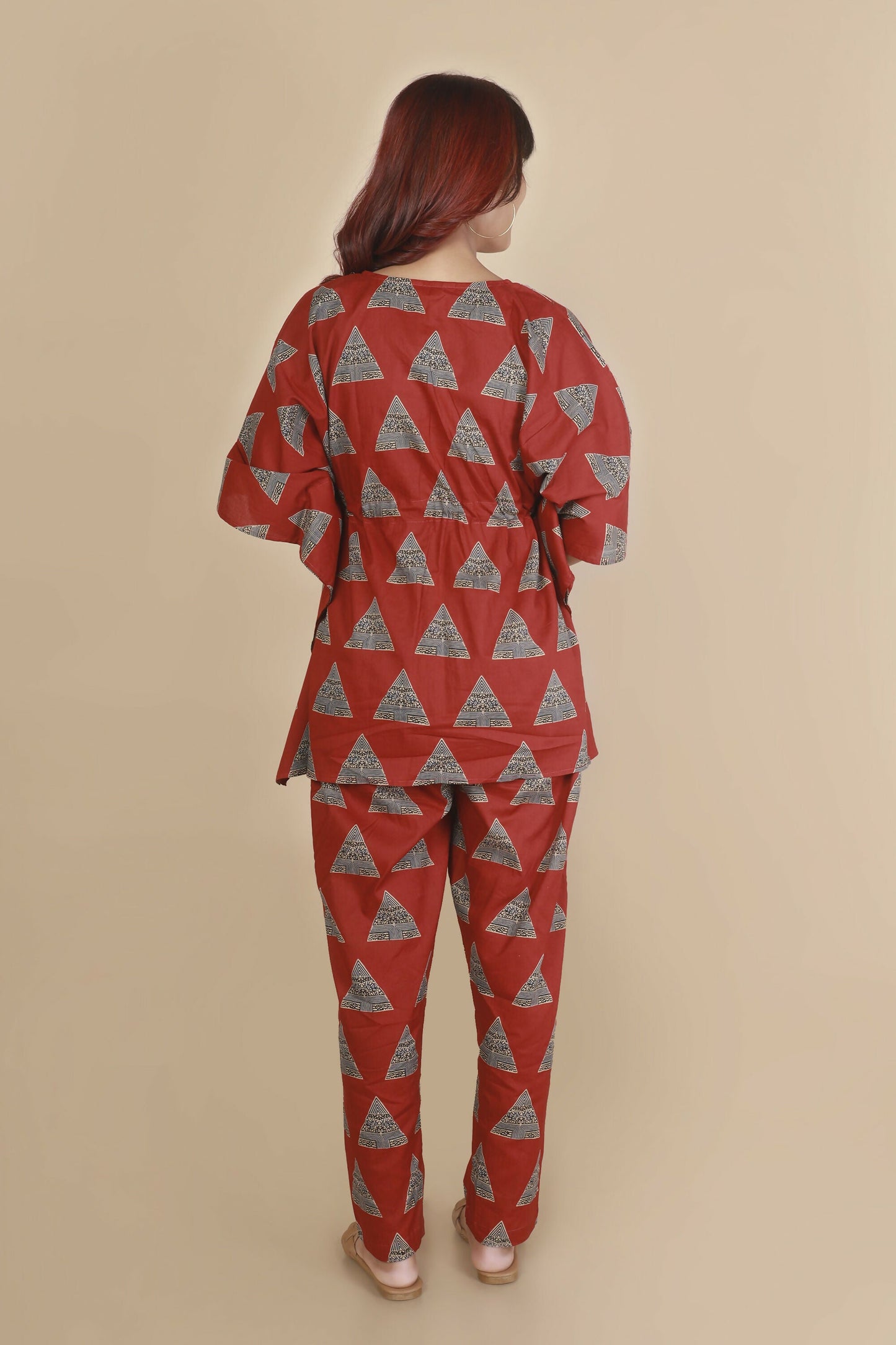 Breathables WomenS Loungewear Kaftan Cotton Red Geometric Print Co-Ord Set