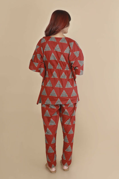 Breathables WomenS Loungewear Kaftan Cotton Red Geometric Print Co-Ord Set