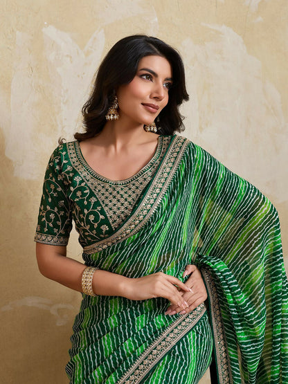 Teeya Creation New Trendy Leheriya Bandhani Georgette Saree For Daily Wear -Green