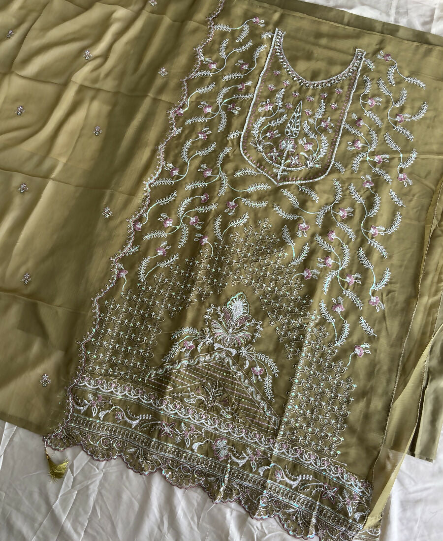 KC Beautiful Mustard Chiffon Silk Hand Embroidery Suit For Women