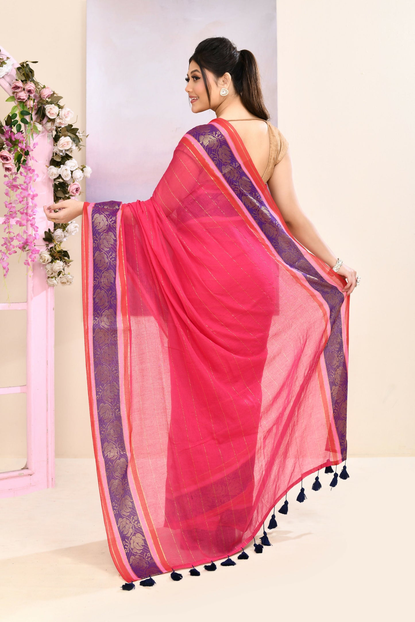 Piyari Fashion Women's Rani Pink Embellished Zari Border Cotton Saree