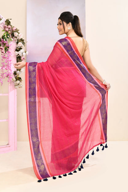 Piyari Fashion Women's Rani Pink Embellished Zari Border Cotton Saree