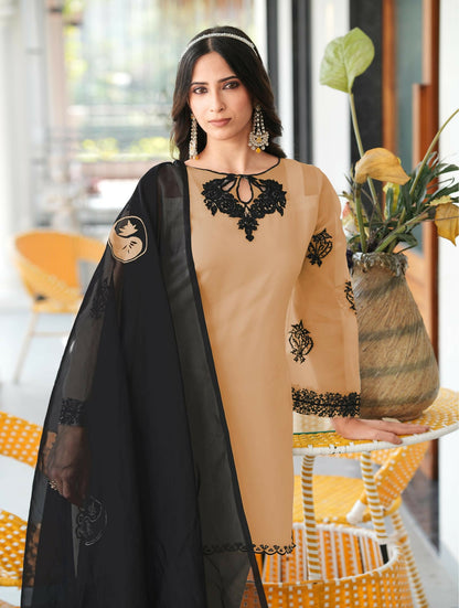 Nikhaar Light Brown Embroidered Organza Stitched Straight Cut Kurta Farshi Salwar Dupatta Readymade Suit