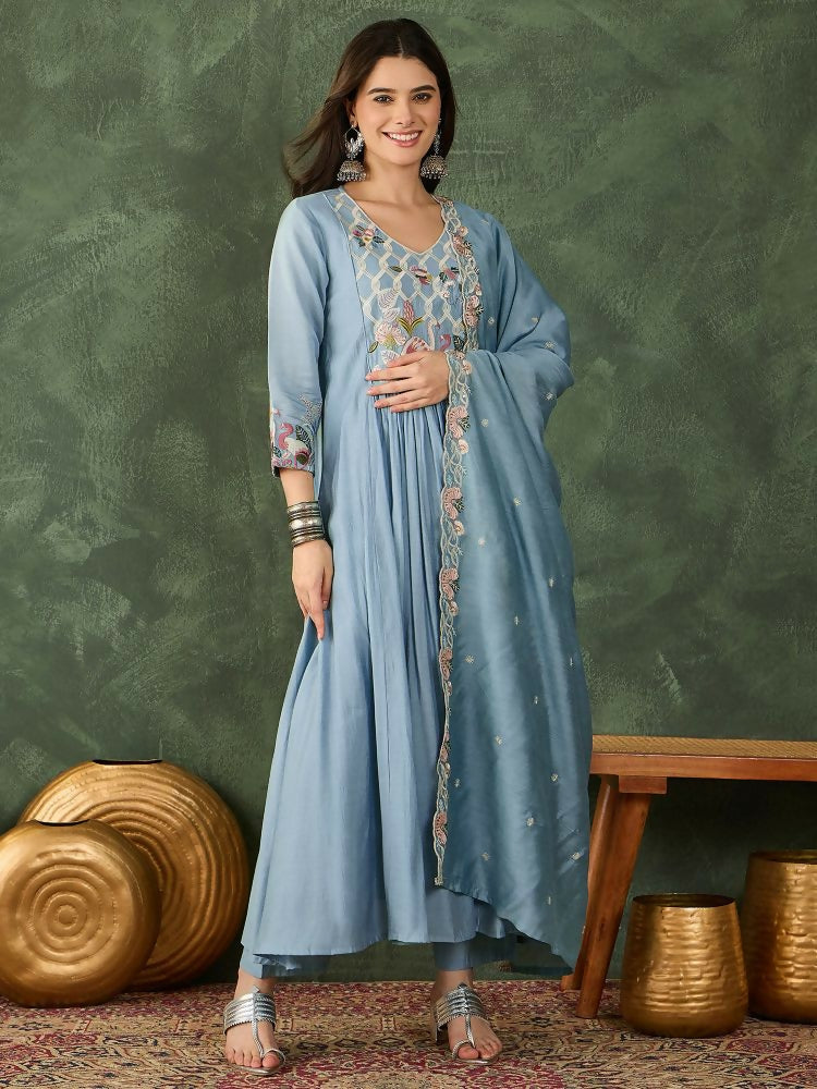 The52 Women's Beautiful Embroidery Work Silk Fabric Flared Kurta Pant and Dupatta Set
