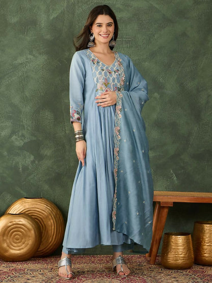 The52 Women's Beautiful Embroidery Work Silk Fabric Flared Kurta Pant and Dupatta Set