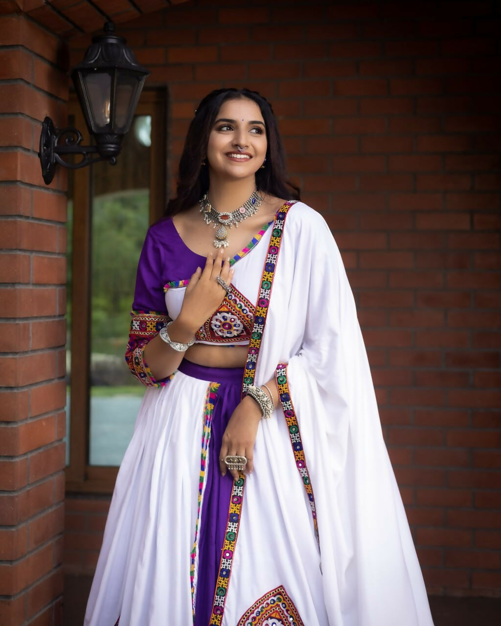 Yash Enterprise Purple White Rayon Cotton Embroidery Semi Stitched Navratri Top Chaniya Choli
