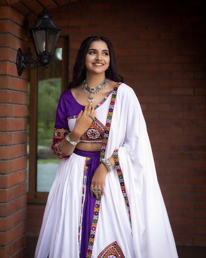 Yash Enterprise Purple White Rayon Cotton Embroidery Semi Stitched Navratri Top Chaniya Choli