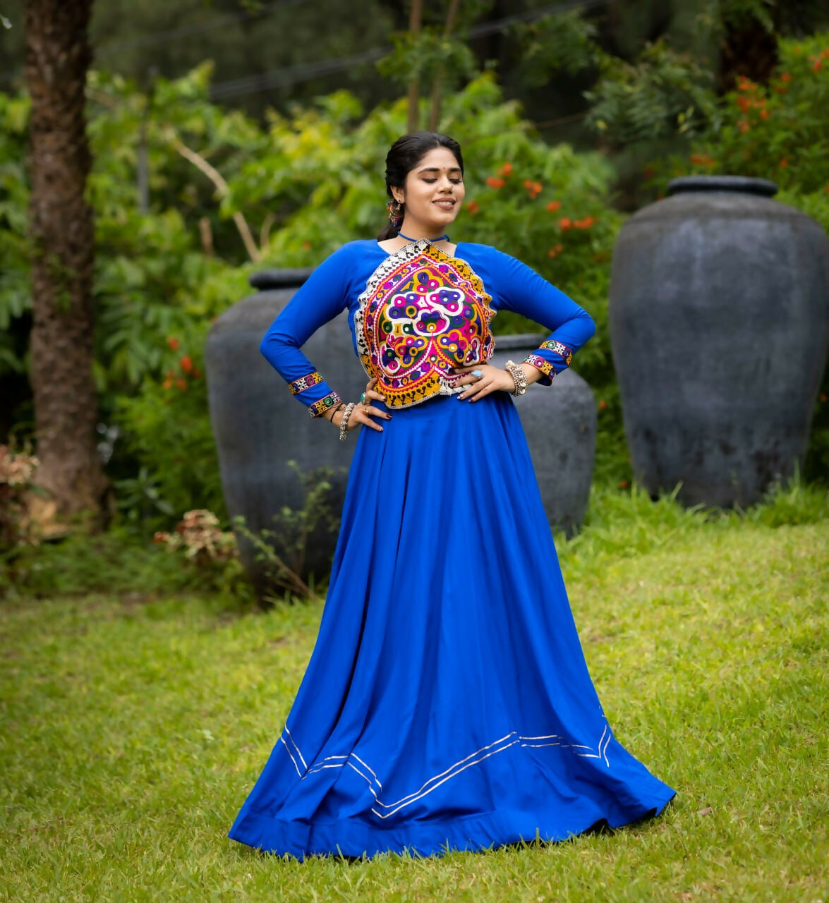 Yash Enterprise Blue Rayon Cotton Embroidery Semi Stitched Navratri Top Chaniya Choli