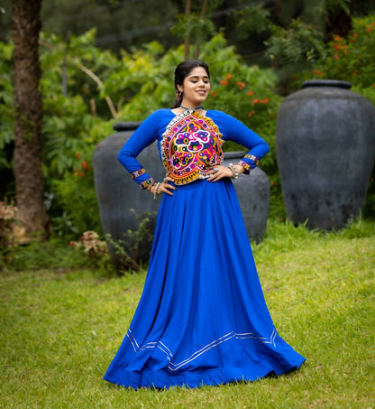 Yash Enterprise Blue Rayon Cotton Embroidery Semi Stitched Navratri Top Chaniya Choli