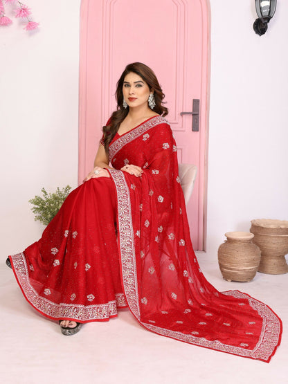 Teeya Creation New Womens Latest Party Wear Soft Chiffon Silk Saree-Red