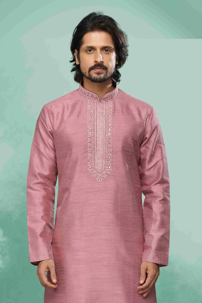 Raivat Ethnic Art Silk Mirror Embroidery Work Kurta Pajama In Pink Colour