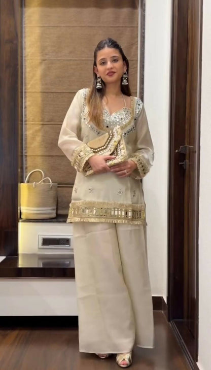 Teeya Creation New Trendy Stylish Real Mirror Work With Lace Border White Kurta Set