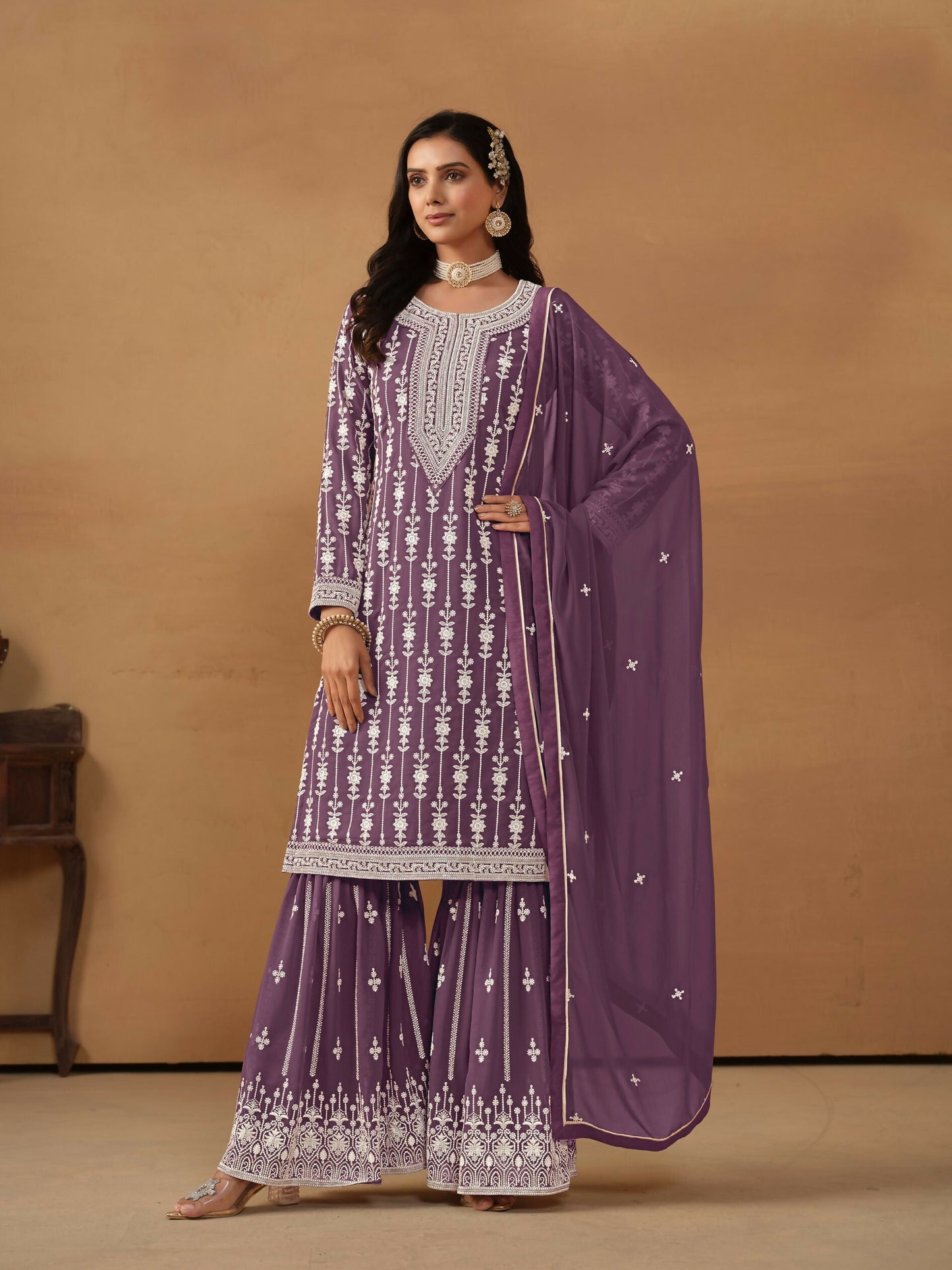 Anaita Purple Embroidered Faux Georgette Salwar Suit