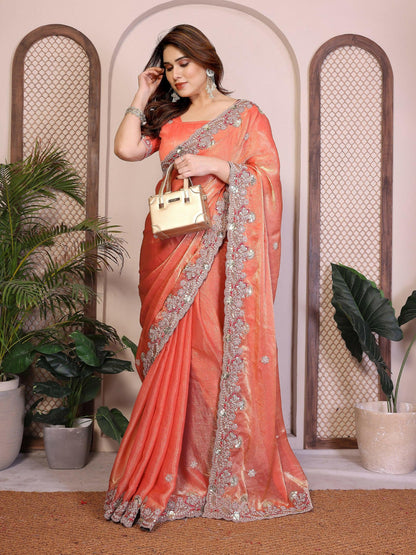 Teeya Creation New Womens Latest Party Wear Soft Chiffon Silk Saree-Peach